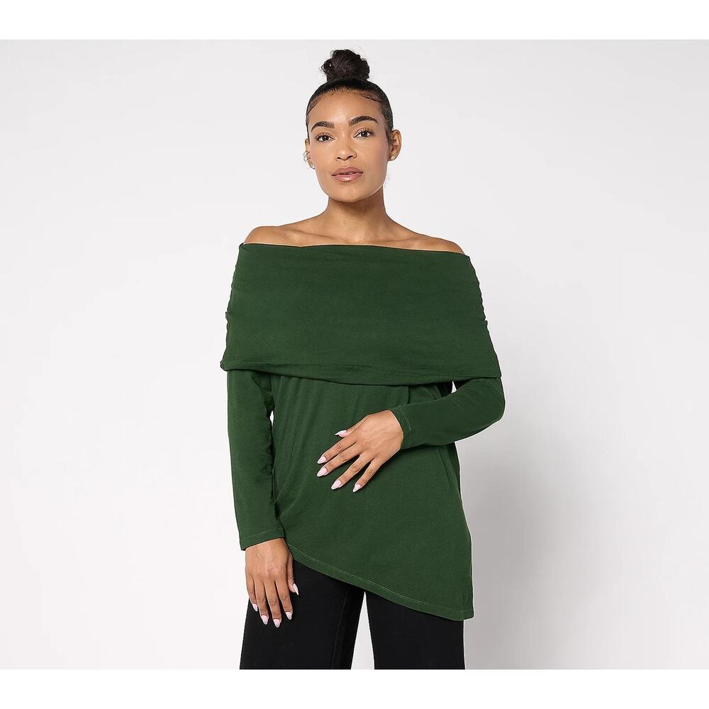 Peace Love World Side Cowl Long Sleeve Top Huner Green Size Medium Casual